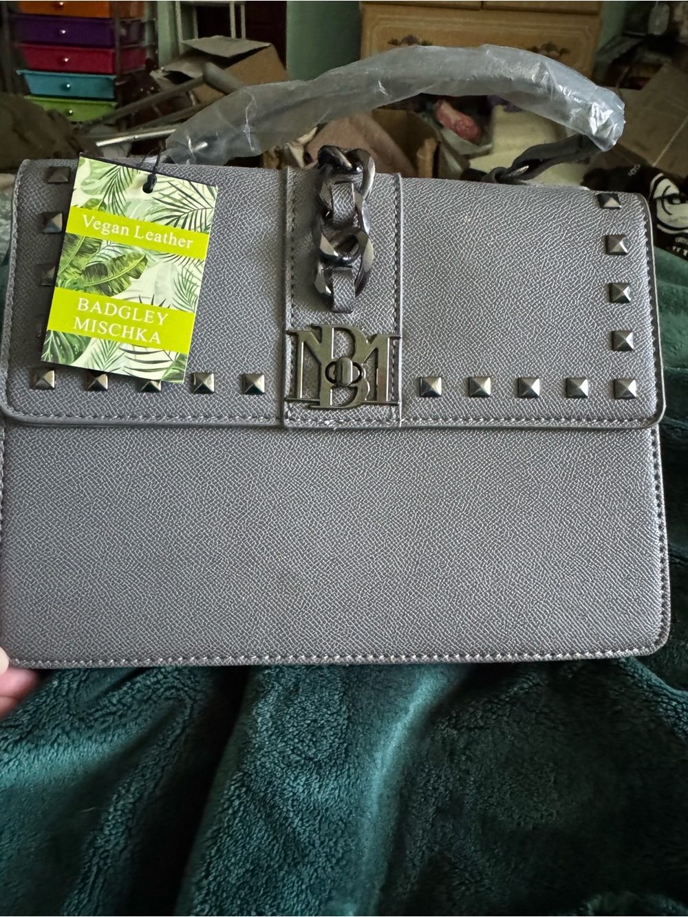 Badgley Mischka Gray Vegan Leather Studded Top-Handle Satchel